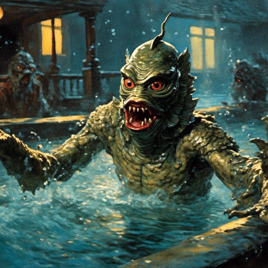 Dark Fantasy Pool Party Scare in Doré Style