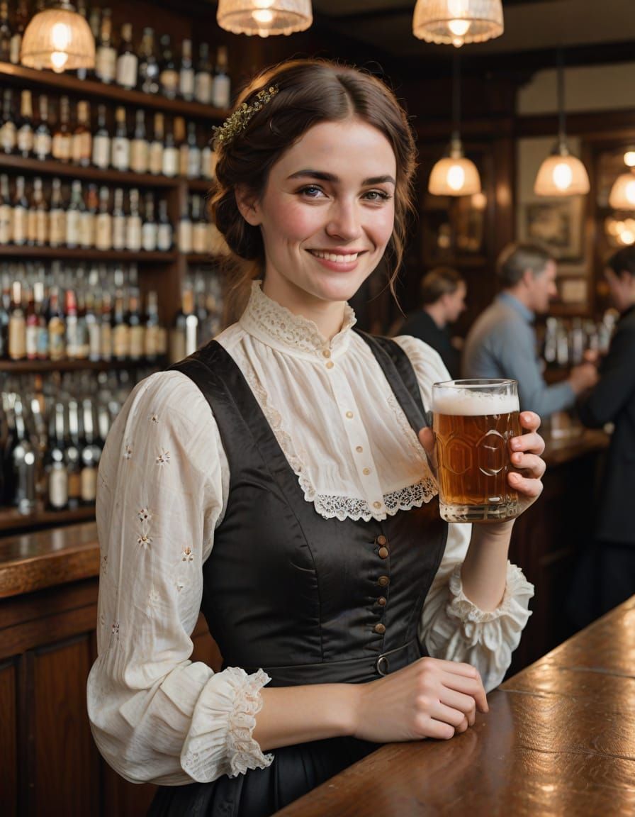 Victorian Woman with Beer, Shy Smile