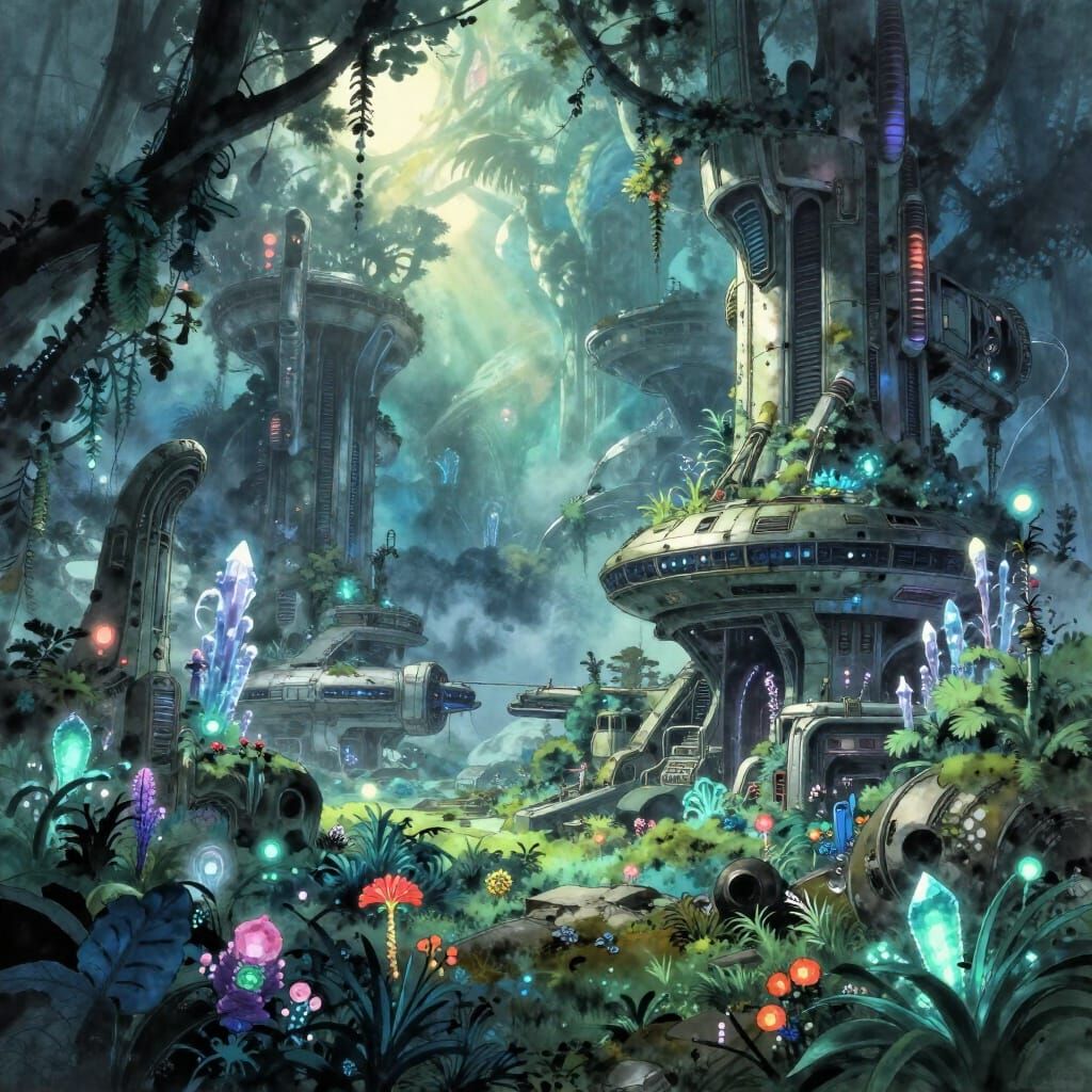 Abandoned Alien Spaceport Overgrown with Bioluminescent Flor...