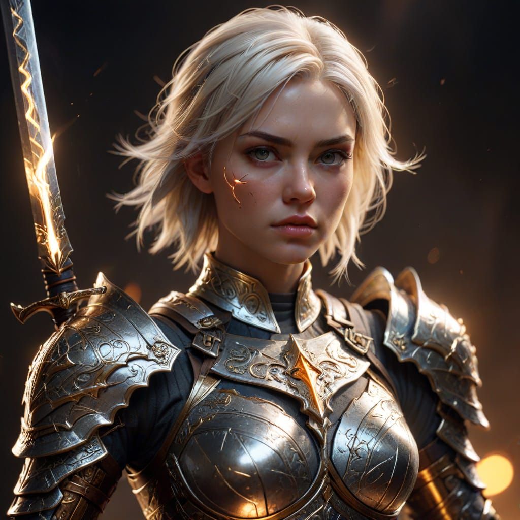 Hyper-Realistic Digital Art of a Female Warrior in Ornate Si...