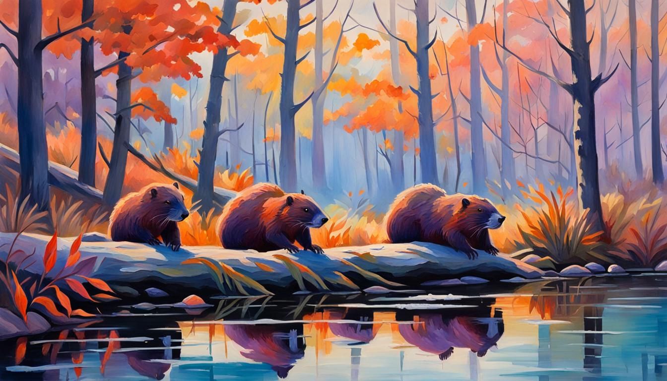 Beavers Build Den: Impressionist Autumn Forest Scene
