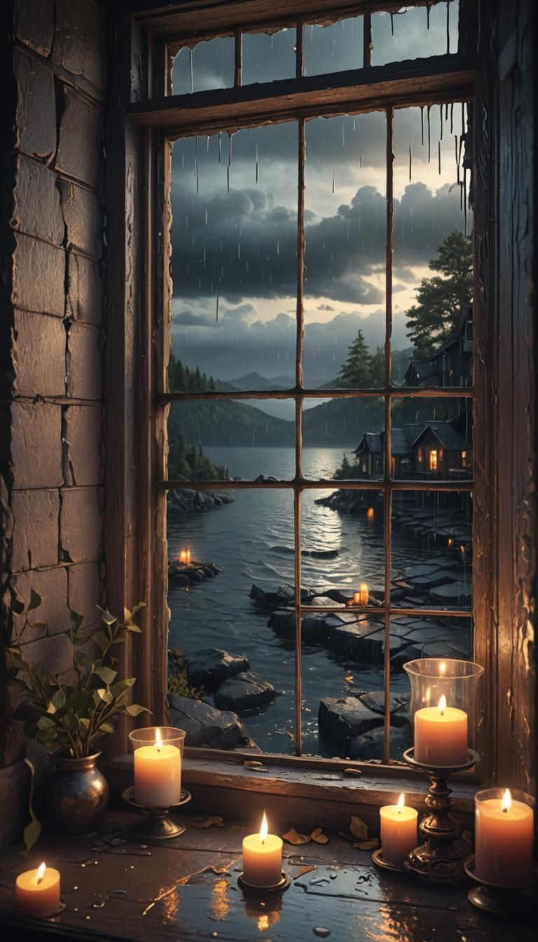 Stormy Lake View Through Candlelit Window