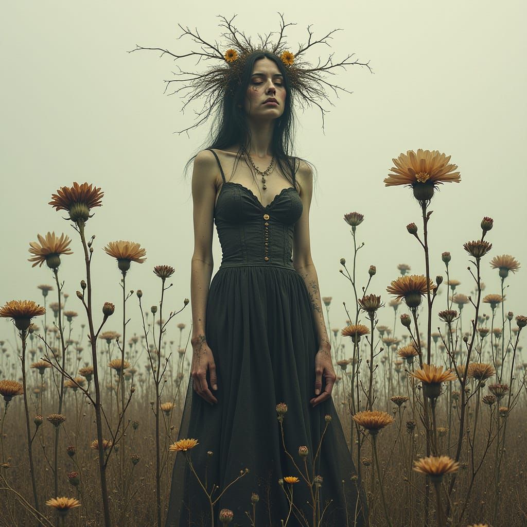 Forsaken Woman in Decayed Garden: Surrealist Grunge Art