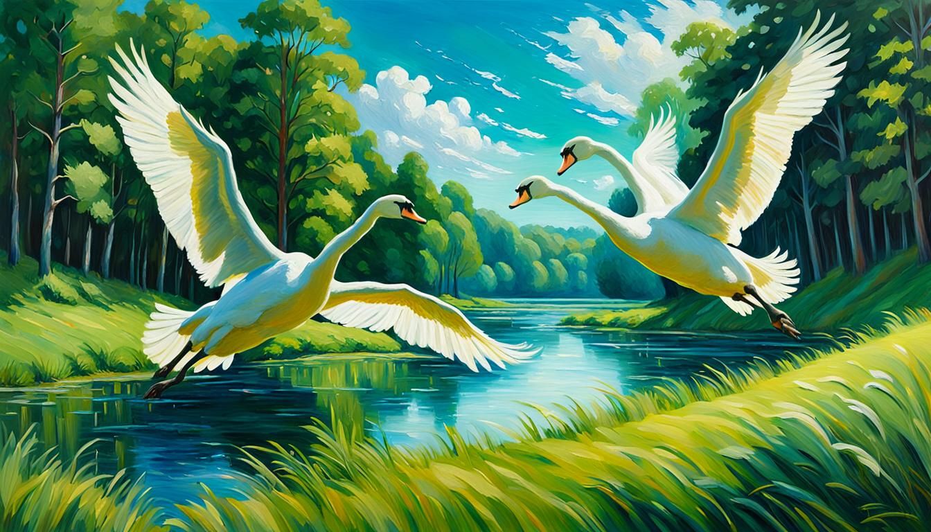 Swans Soaring Above Landscape: Impressionist Oil Painting
