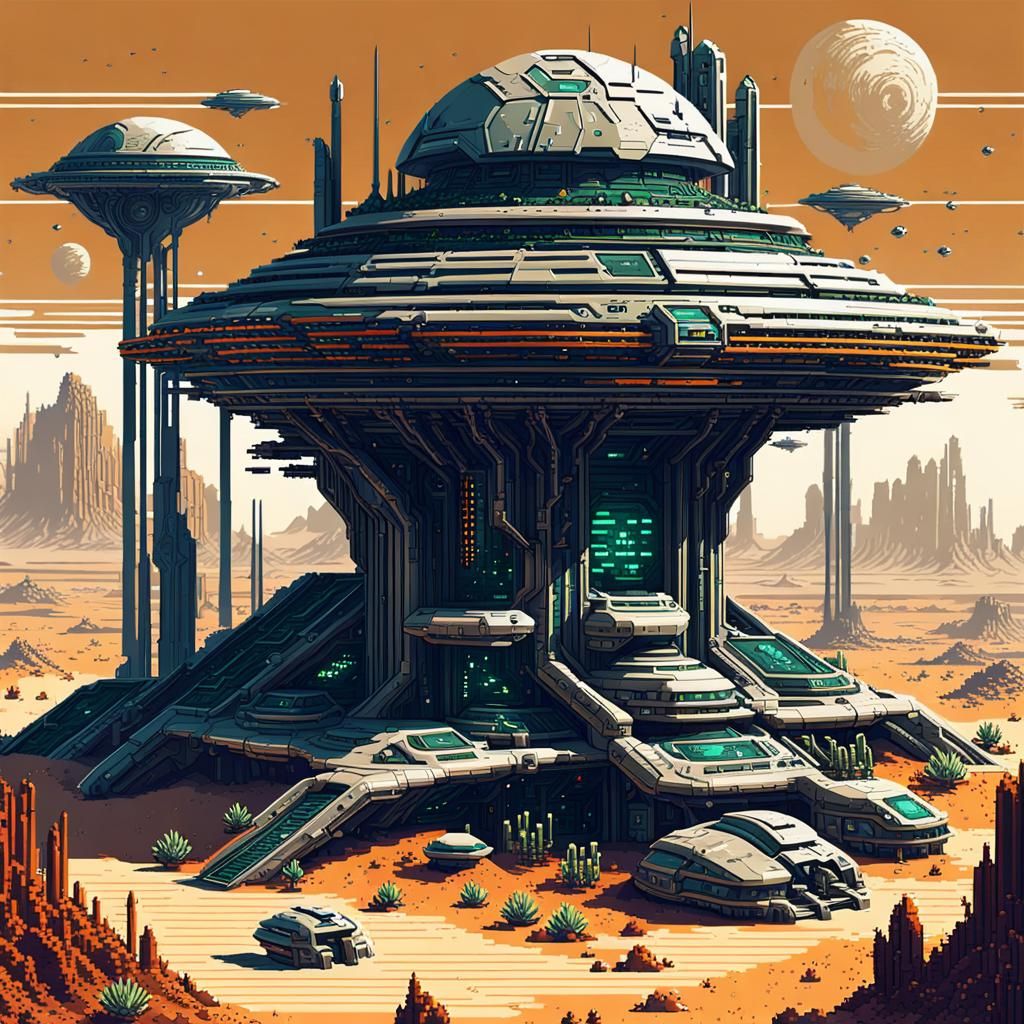 Futuristic Ecological Colony on Desert Planet in Pixel Art