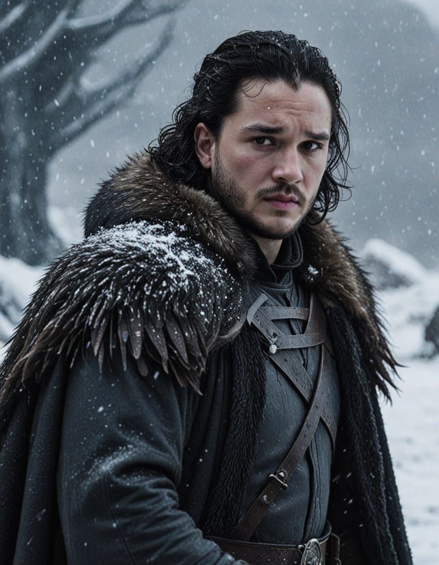 Heroic Jon Snow Stands Tall in Winterfell's Snowy Landscape