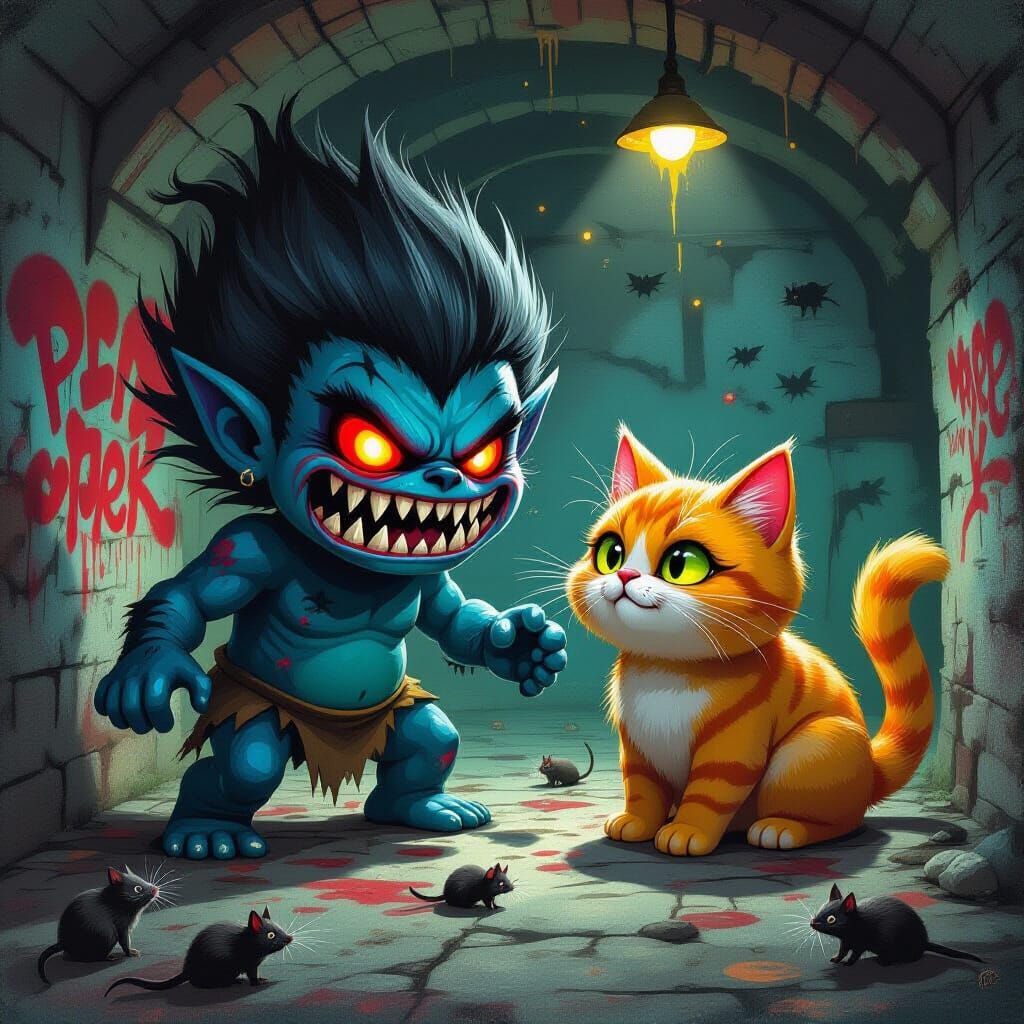 Demon Troll Doll Attacks Cat: Graffiti Street Art