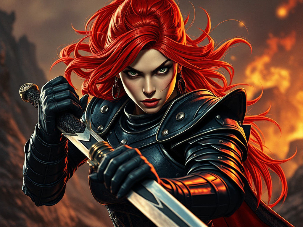 Fierce Red-Haired Warrior in Black Armor