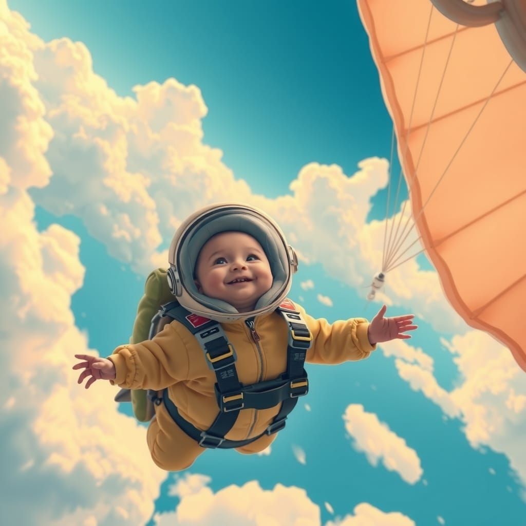Baby Skydiving with Parachute in Digital Art Style
