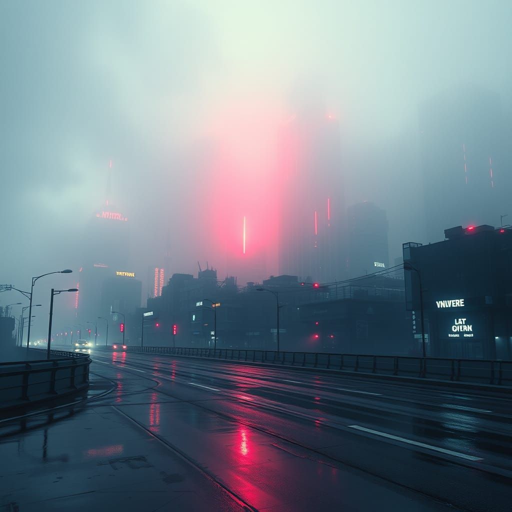 Cyberpunk Cityscape in Fog, Neon Reflections