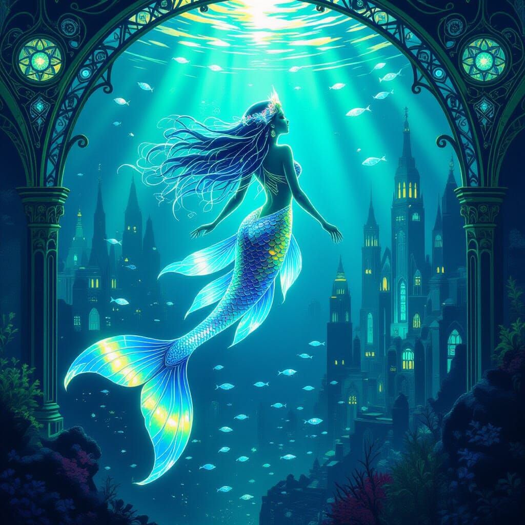 Bioluminescent Mermaid Soaring Through Underwater City