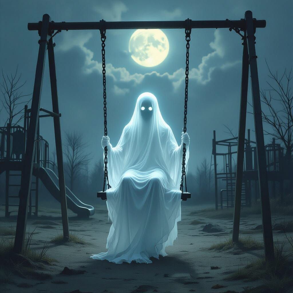 Ethereal Ghost on Swing Set in Moonlit Playground