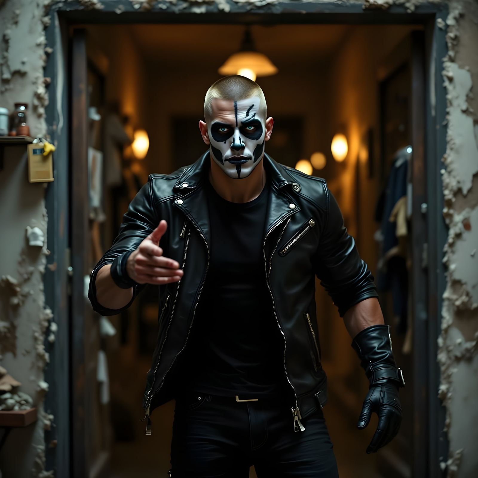 Muscular Man With Skull Face Paint Beckons Viewer Inside