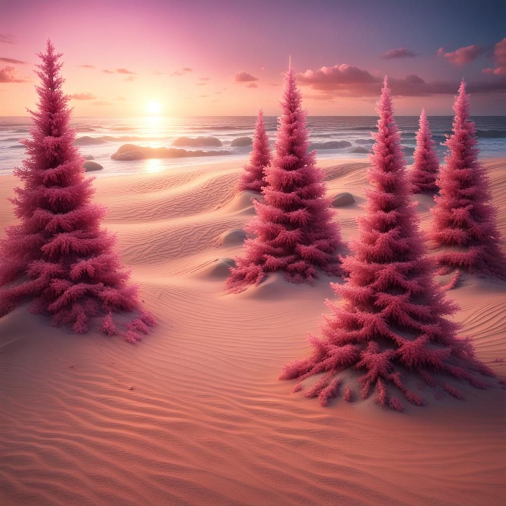 Christmas Trees on Beach at Sunset, Matte Painting