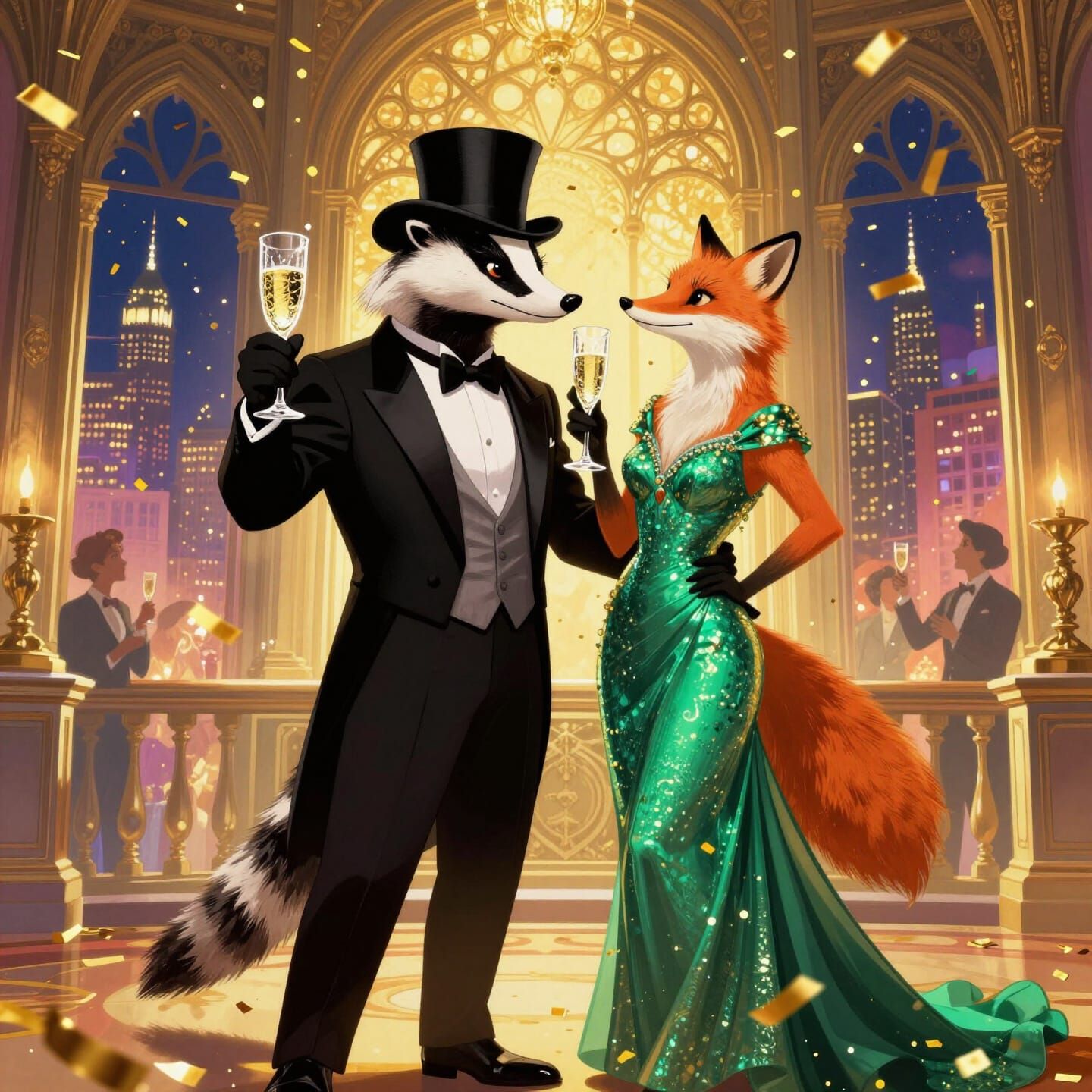 Elegant Badger and Fox Toasting on New Year's Eve