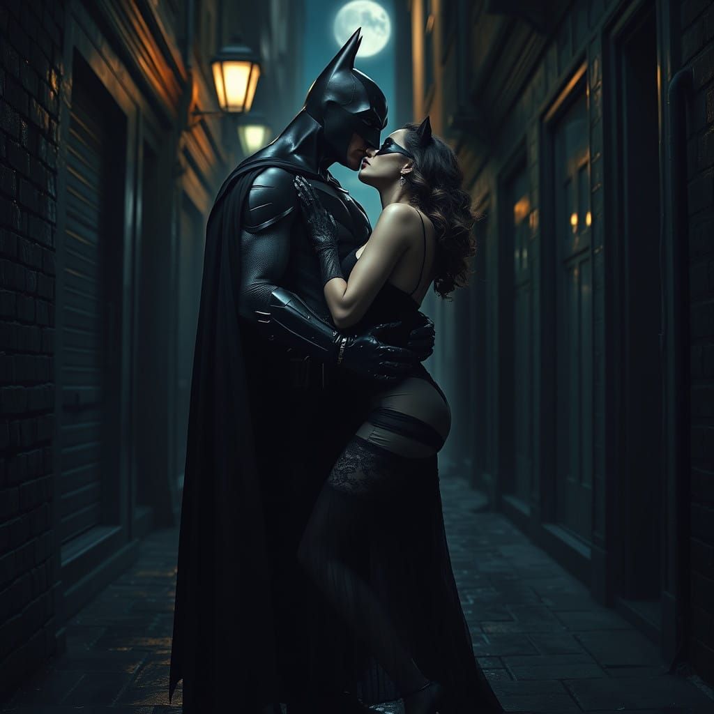 Batman and Catwoman's Midnight Embrace in Gothic Gotham