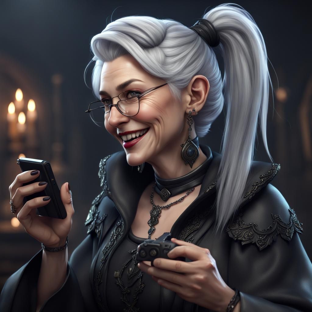 Goth Granny Playing Video Games: Detailed Digital Art
