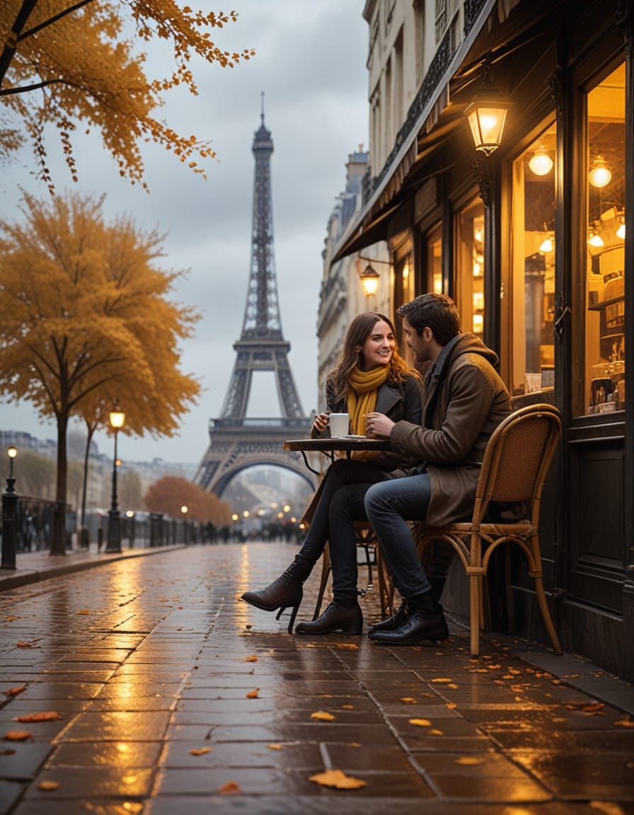 Romantic Parisian Cafe Scene at Night in Impressionist Style