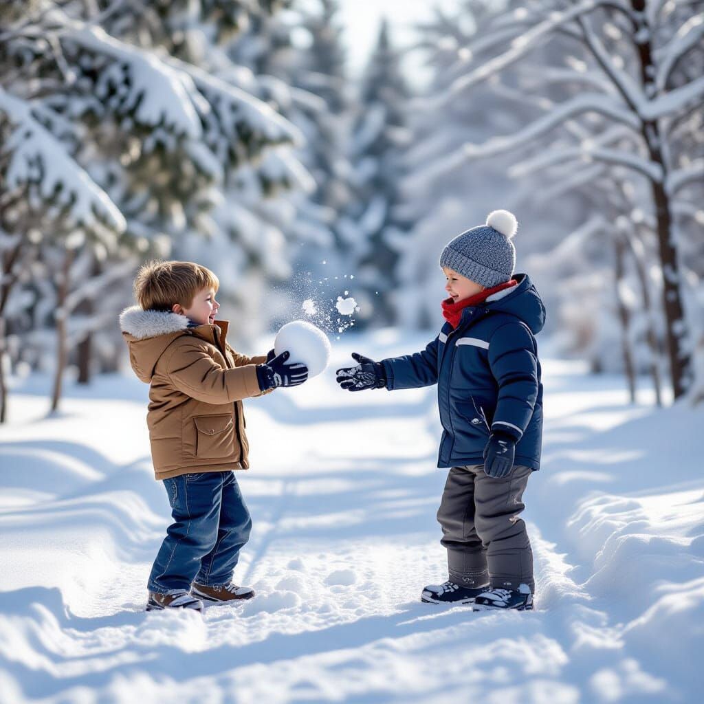 Boys Play Snowball Fight on Snowy Path in Realistic Style