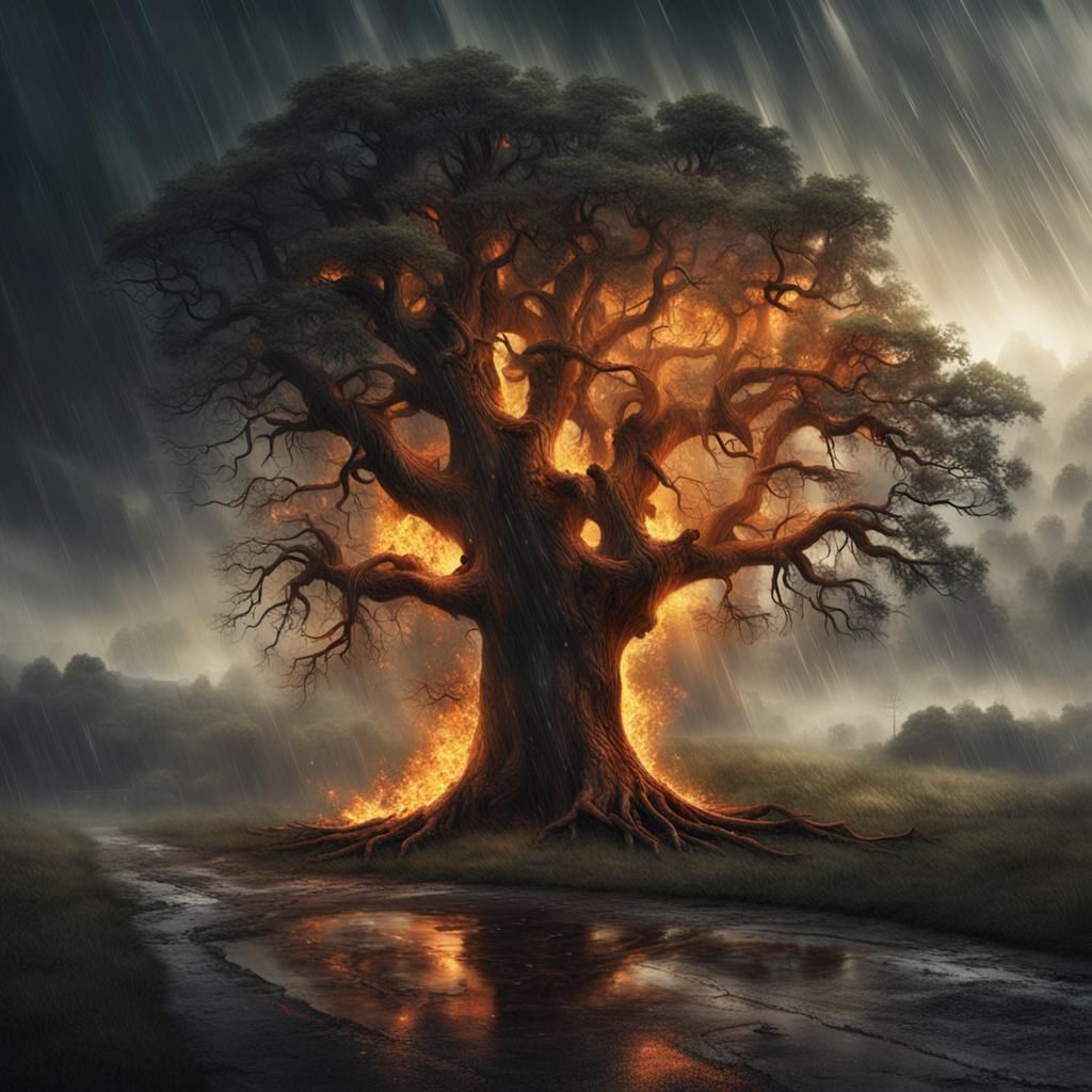 Burning Tree in Rain: Dramatic Digital Painting