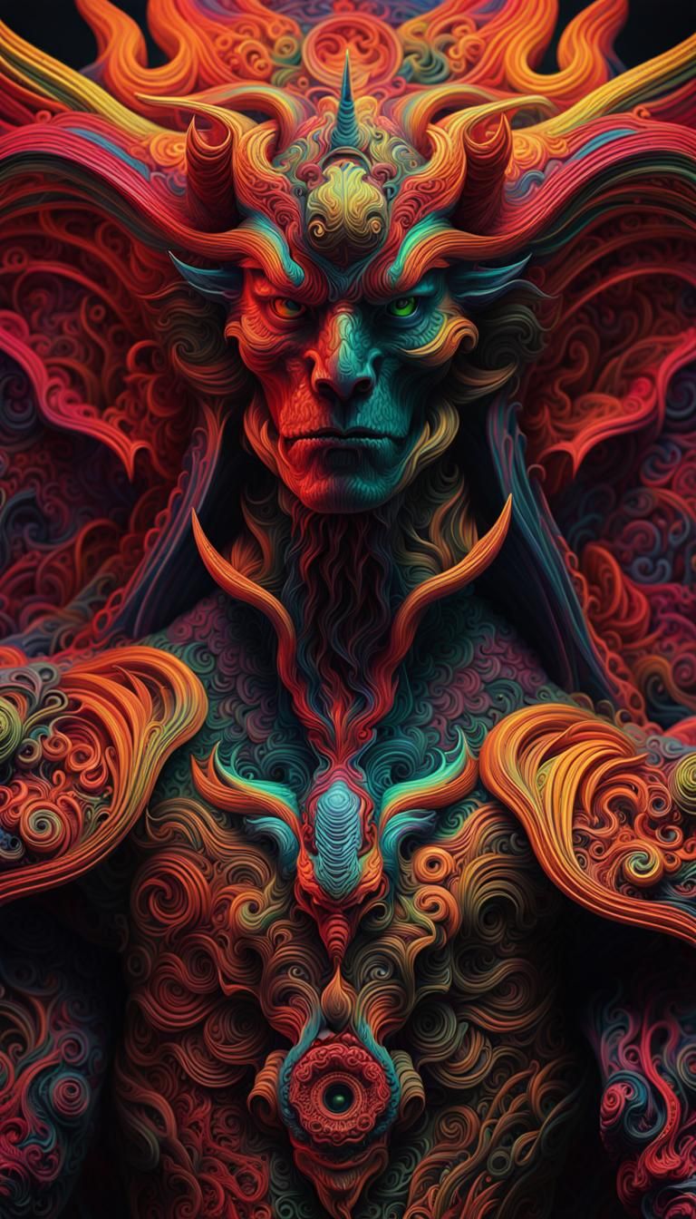 Neon Demon Carved from Intricate Glyphs