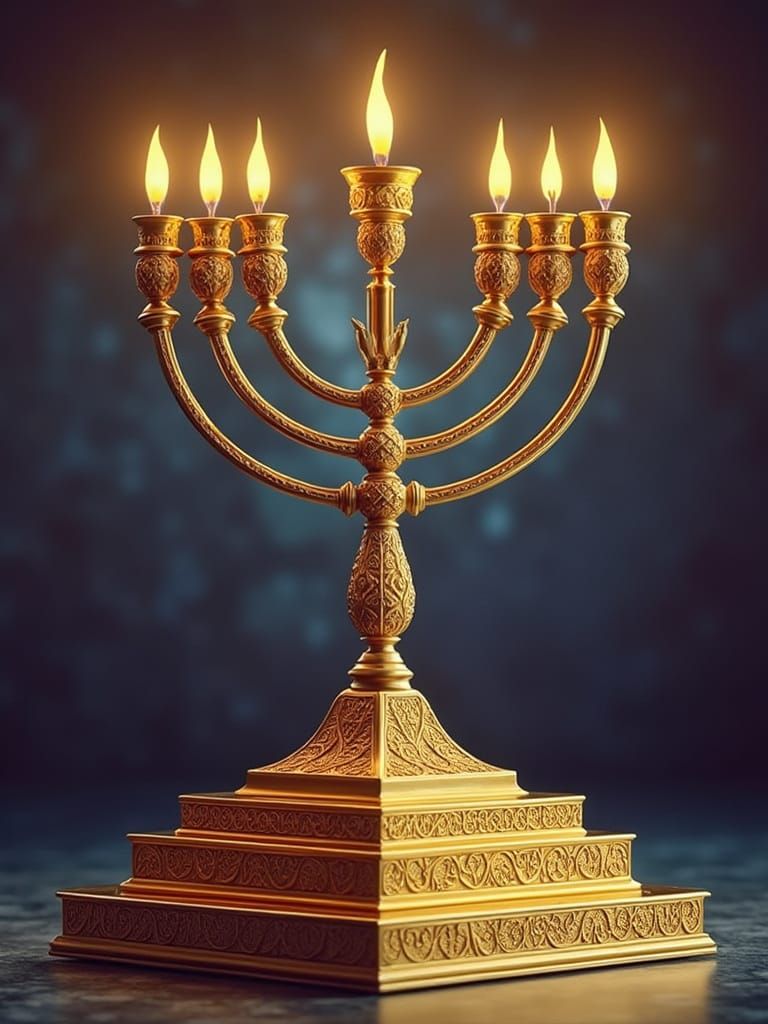 Golden Menorah in Ancient Temple Style