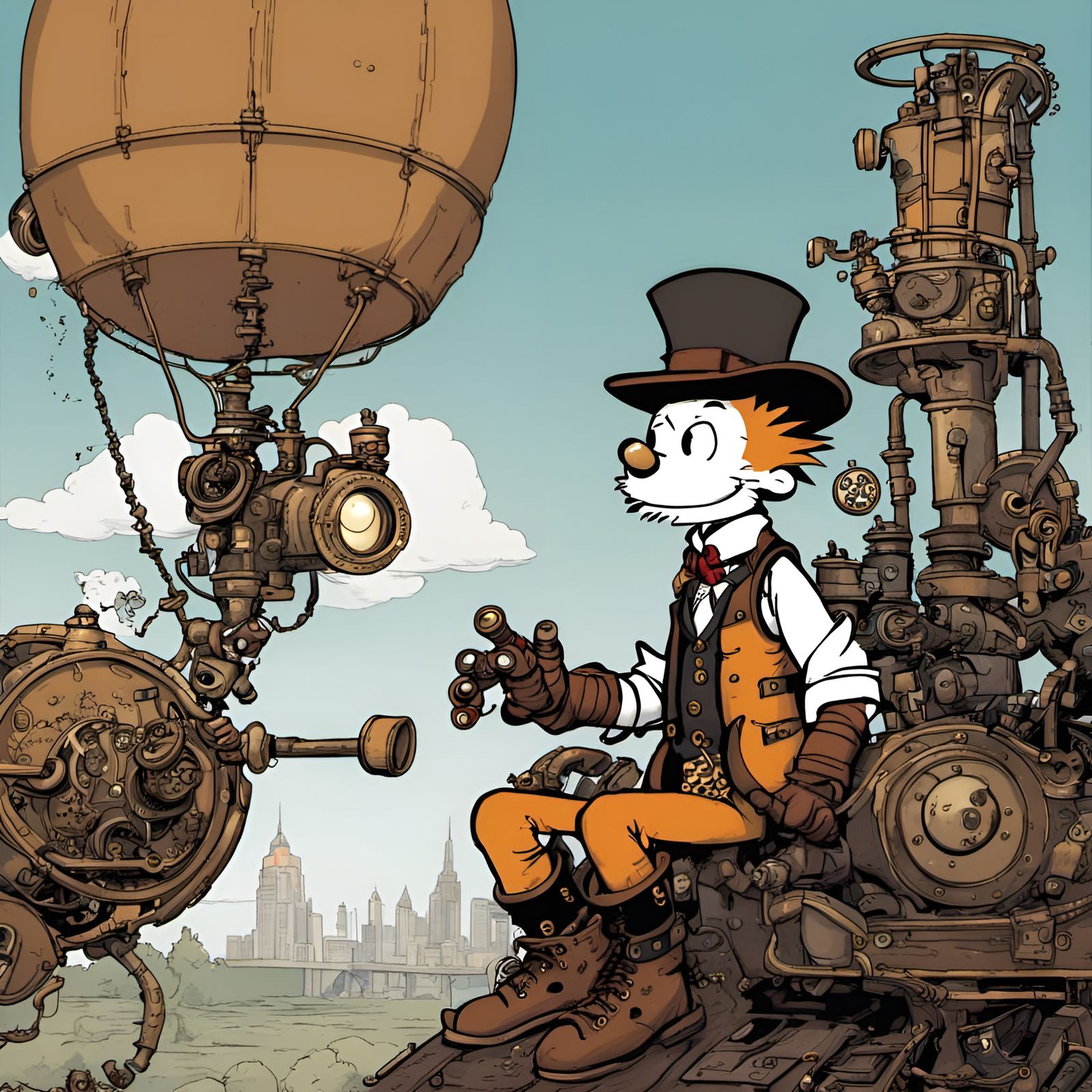 Steampunk Calvin and Hobbes Illustration