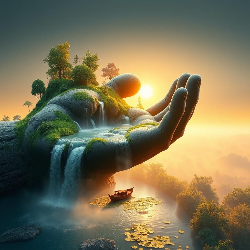 Colossal Hand Emerges from Earth with River