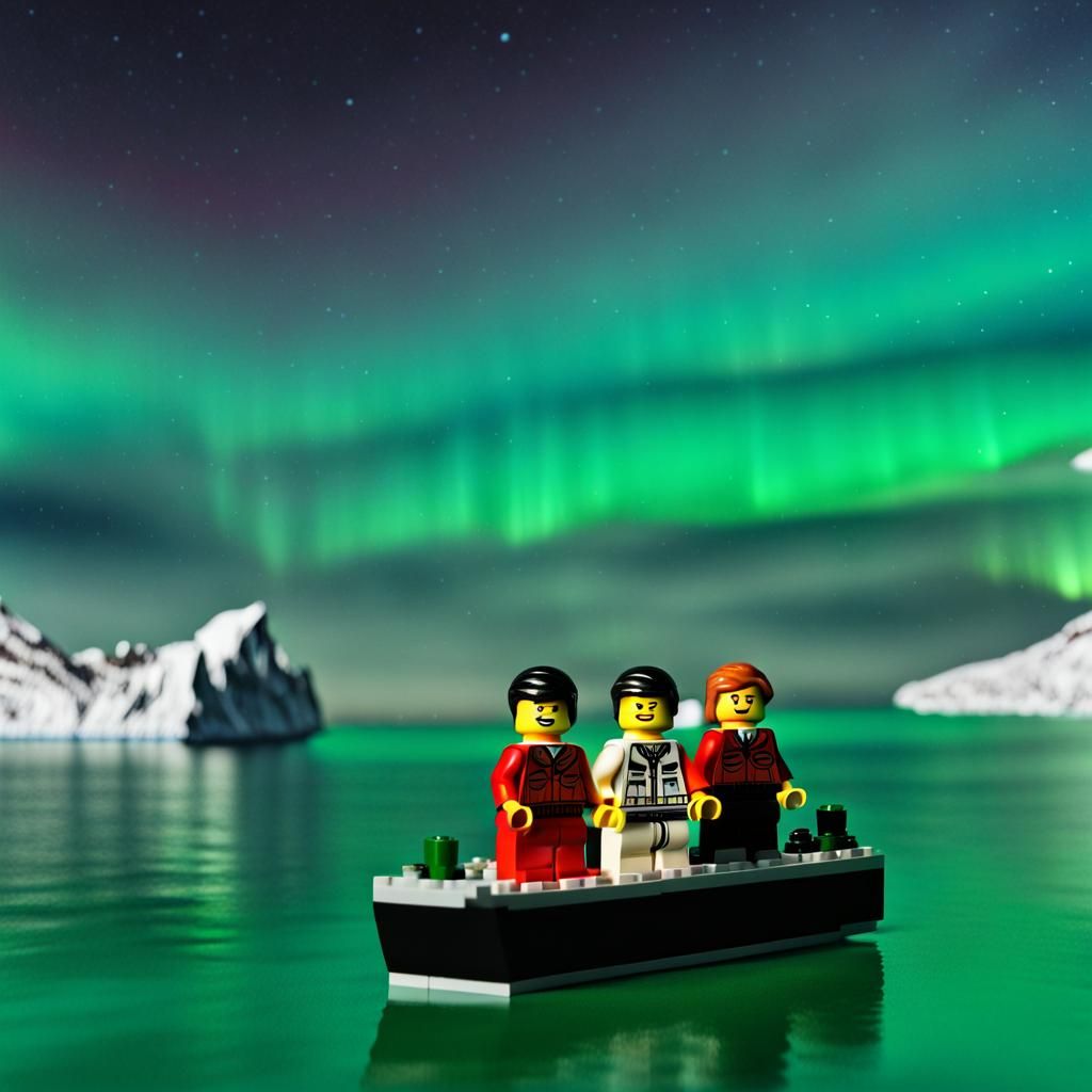 Lego minifigs on a Lego cruise ship look at the sky and the Northern Lights.