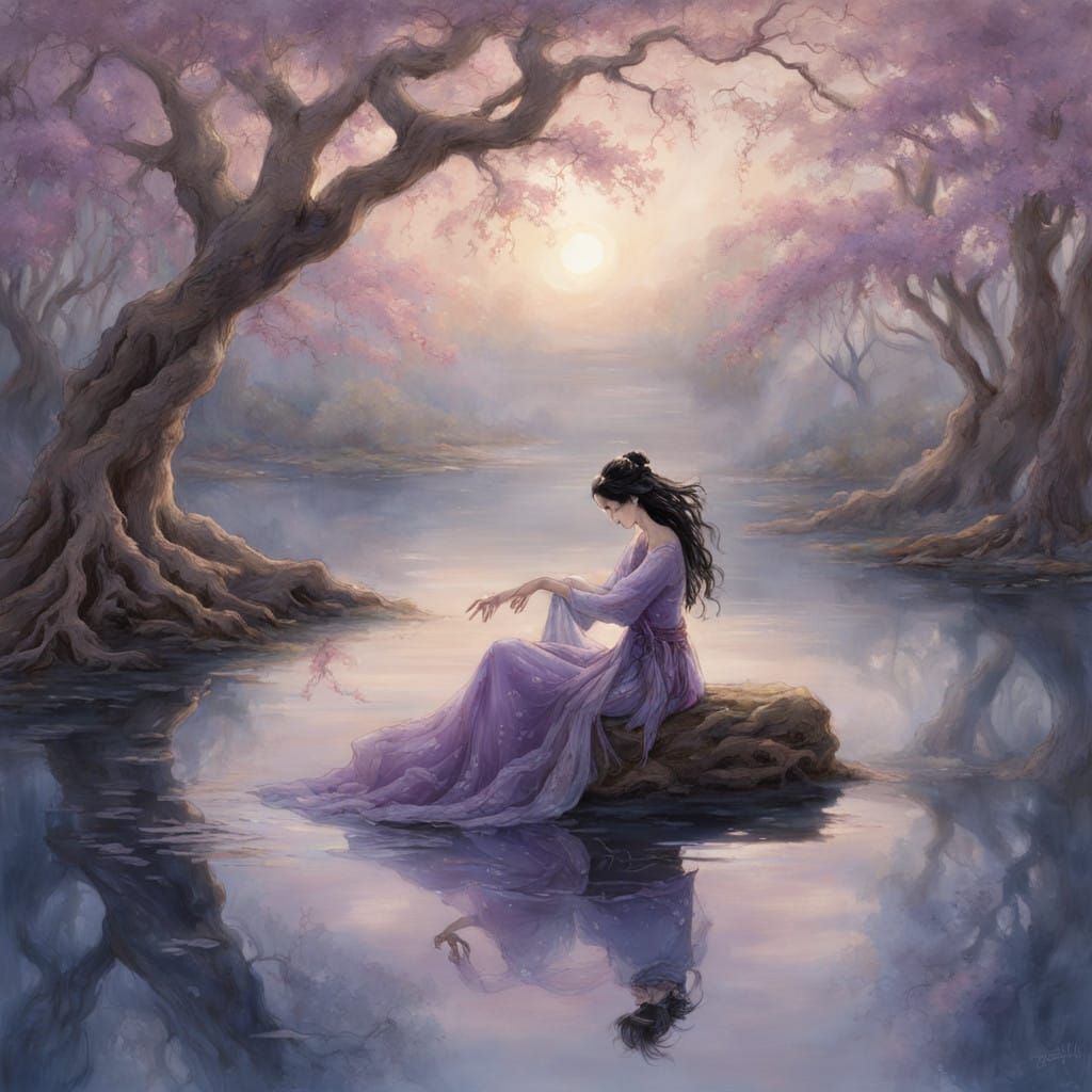 Ethereal Lady Basks in Sunset Glory Under Ancient Willow