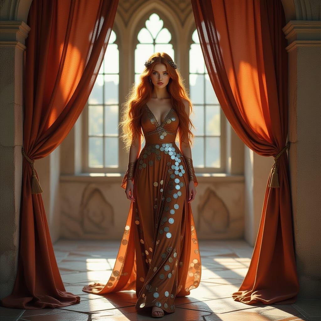 Ethereal Woman in Ancient Castle with Copper Curtains