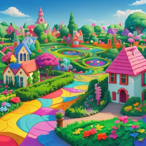 Pixar-Style House with Garden in Candyland Colors