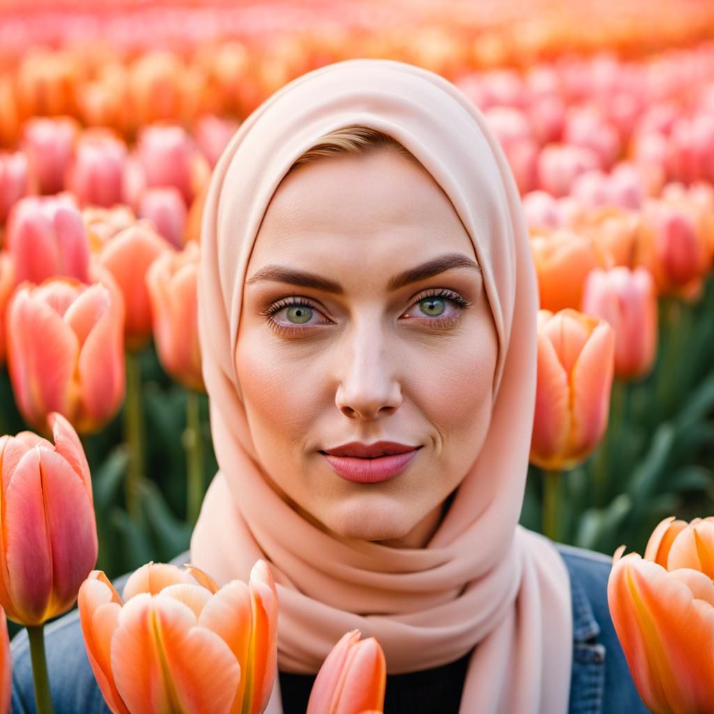 Dutch Girl in Pink Hijab Among Tulips