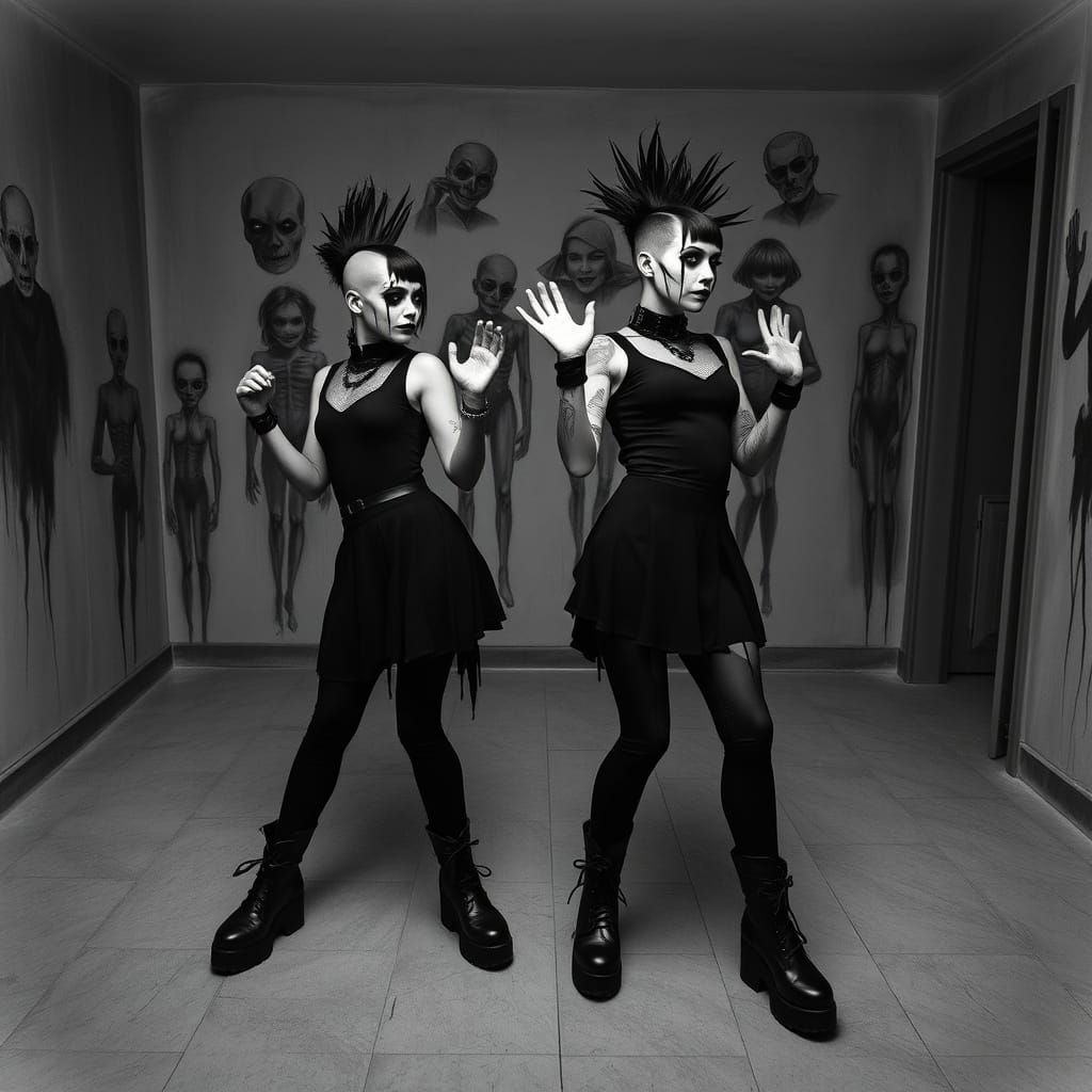 Gothic Dancers in a Dark, Charcoal-Covered Room