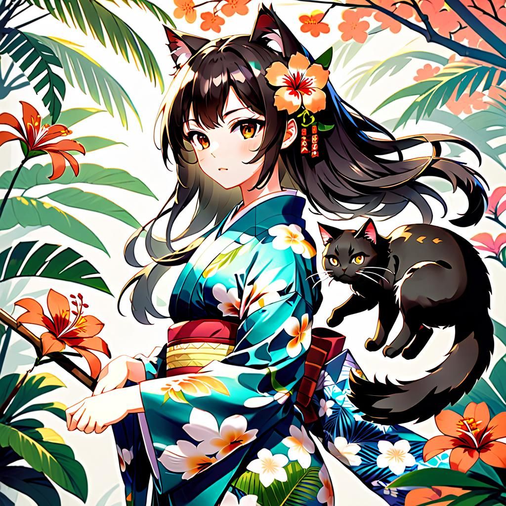 Anime Nekomimi Girl with Black Cat in Tokyo