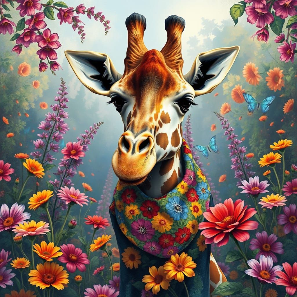 Giraffe in a Whimsical Floral Wonderland