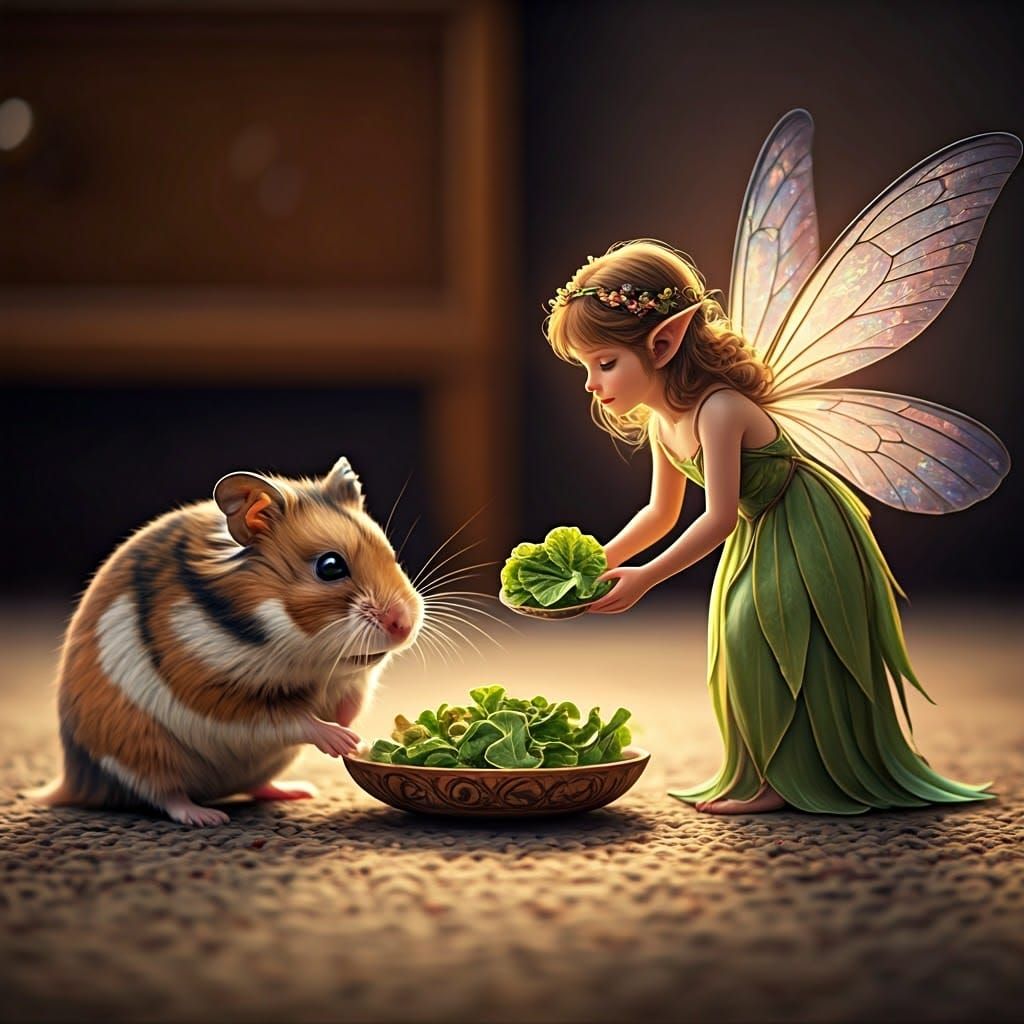 Fairy Offers Lettuce to Hamster in Dreamlike Setting
