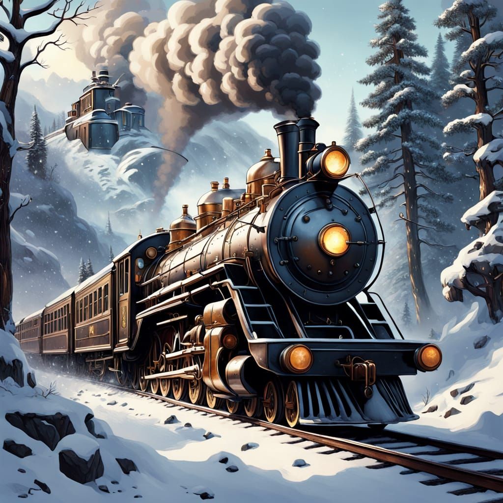 Vintage Steampunk Train in Snowy Mountain Pass