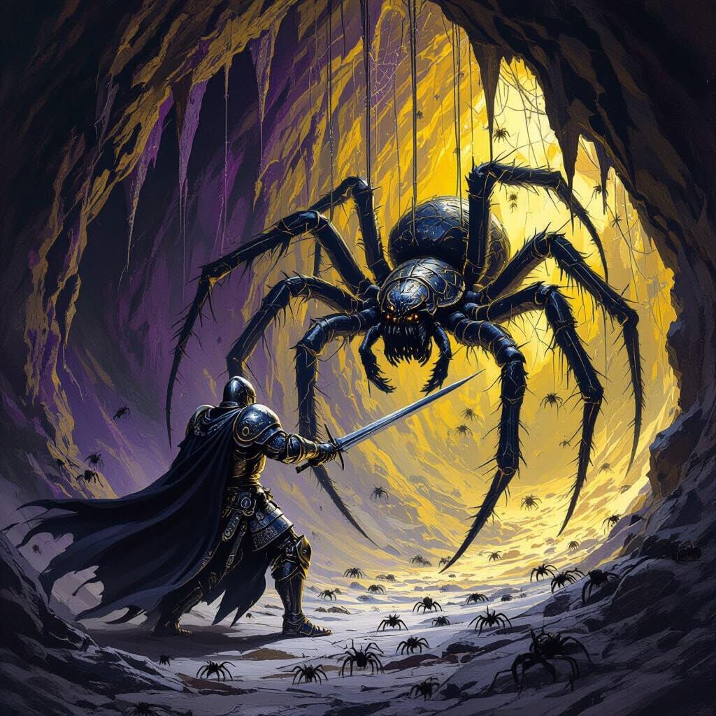 Knight Battles Spider in Dark Fantasy Cave