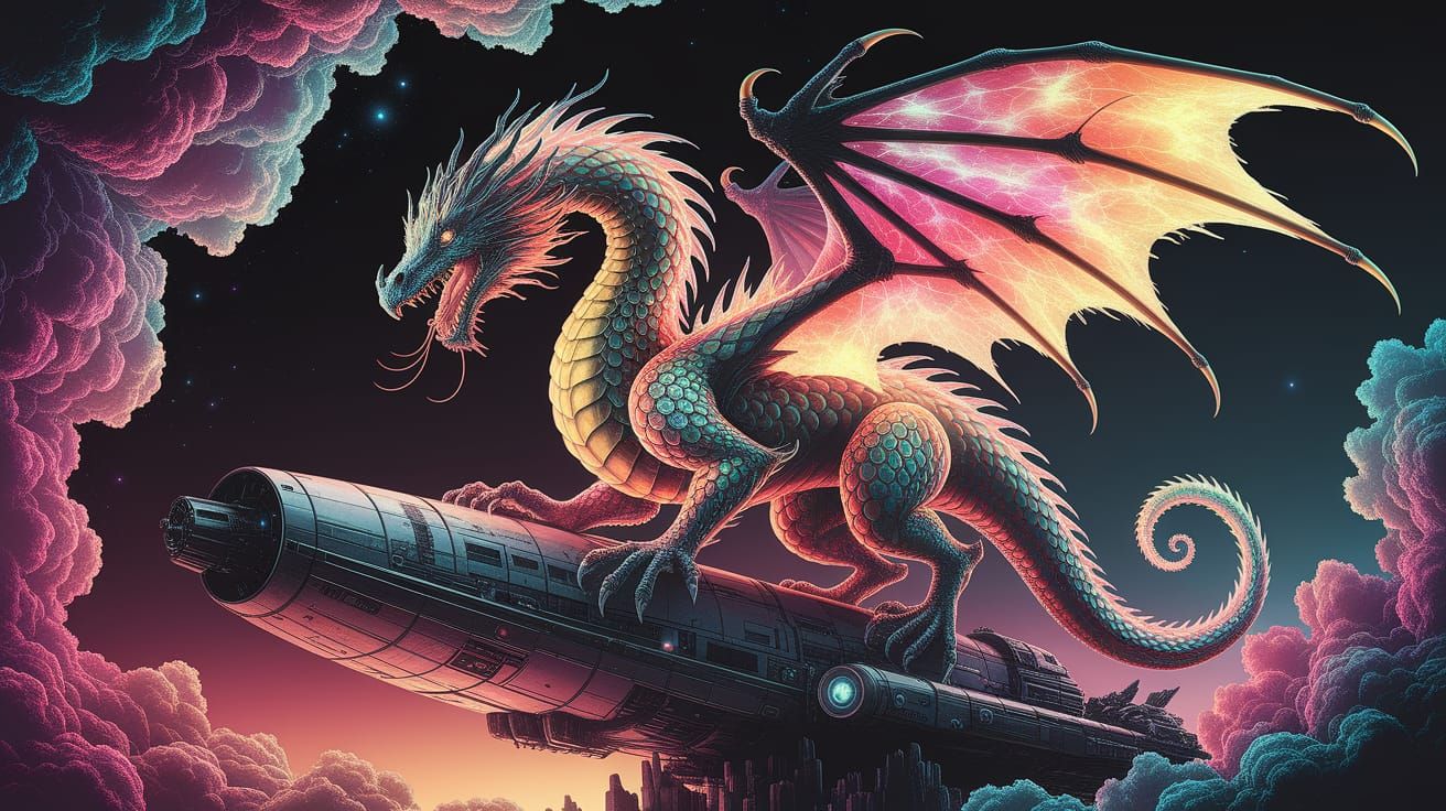 Bioluminescent Fruit Dragon on Spaceship, Acid Ink Style