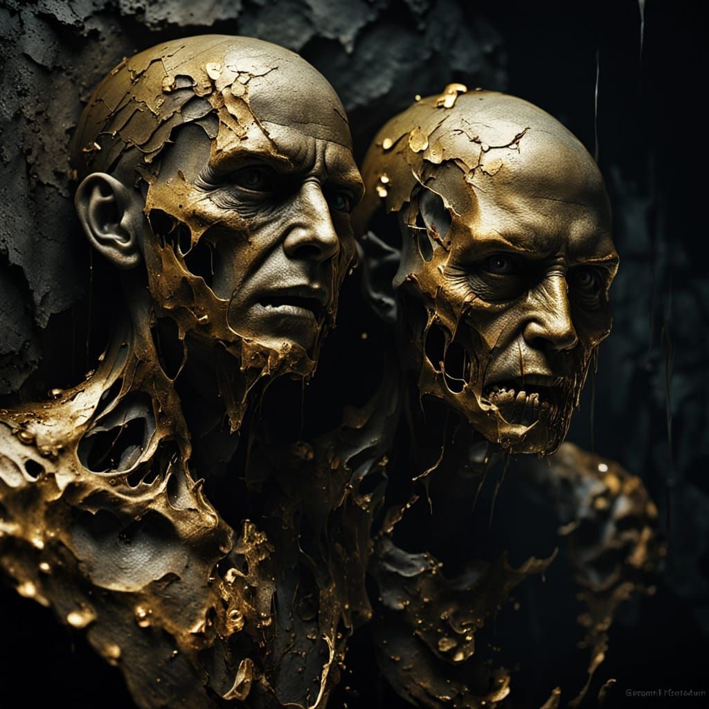 Dark Fantasy Faces Disintegrating in Eerie Light