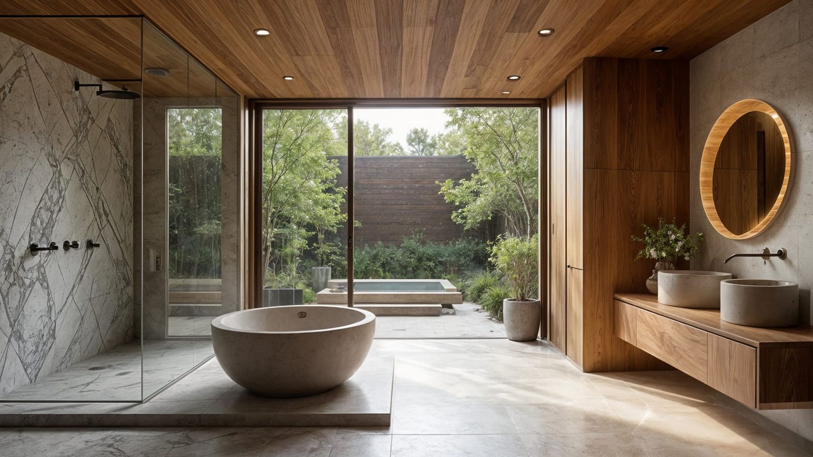 Organic Modern Bathroom with Round Tub and Garden Spa