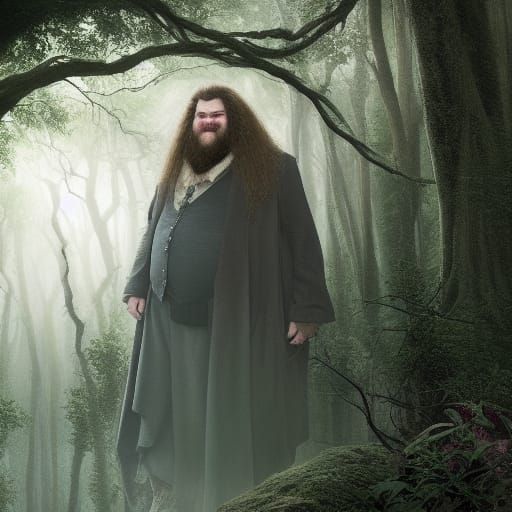 Hyperrealistic Hagrid Smiling in Forest: Digital Painting
