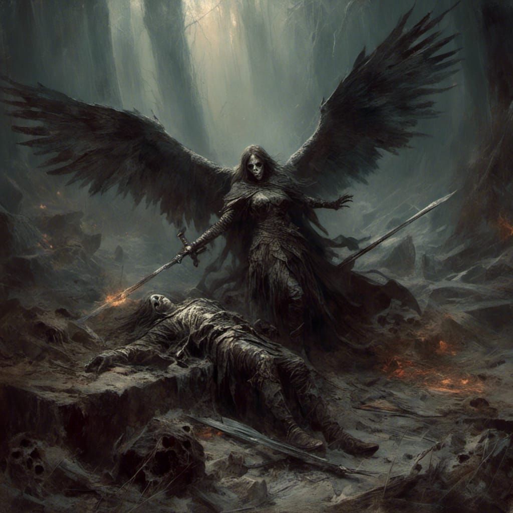 Fallen Aasimar Paladin in Macabre Horror Style