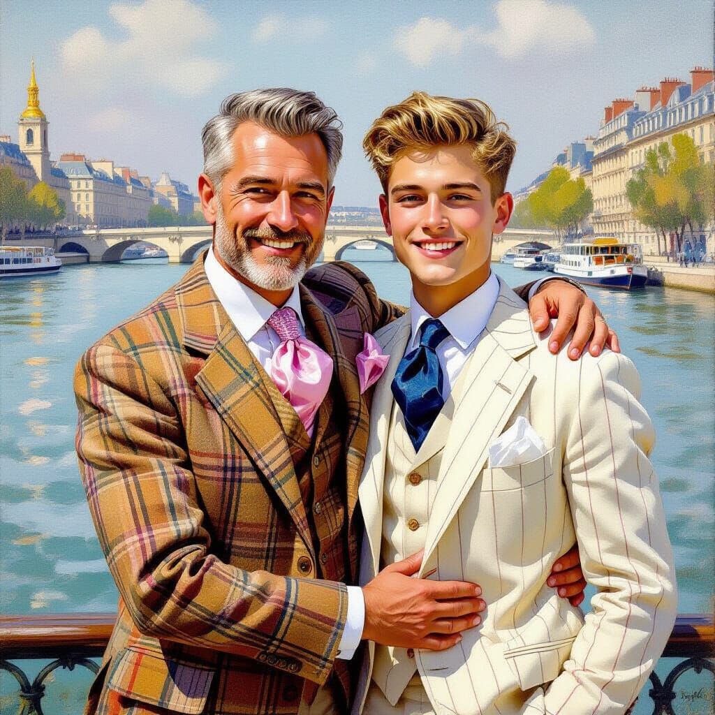 Impressionist Oil Painting of Men on Paris Riverbank