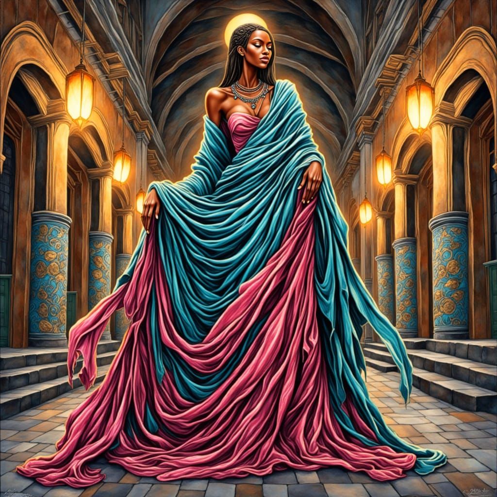 Mystical Priestess in Temple Courtyard: Modern Comic Art