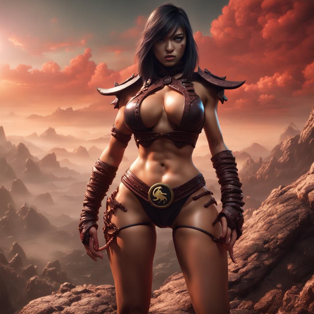 Goro Latex Bikini on Mountain, Detailed Digital Painting