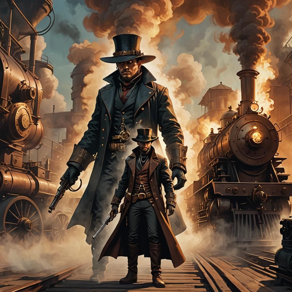 Steampunk Gunslingers Duel Near Steam Engine