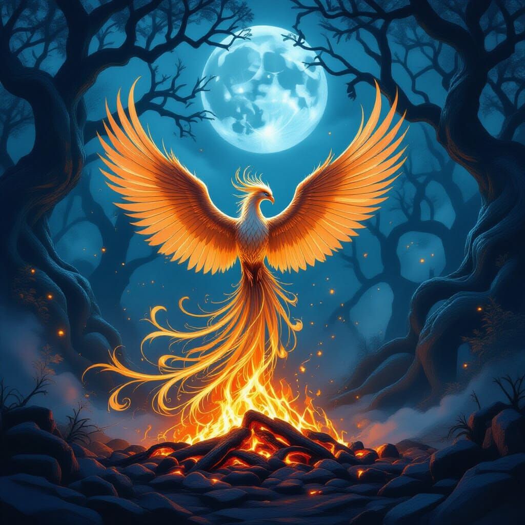 Majestic Phoenix Rises from Embers in Mystical Forest