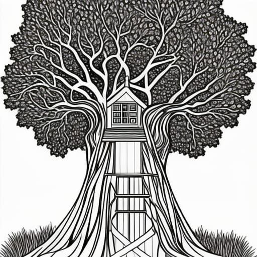 Enchanting Treehouse Coloring Page in Vector Art